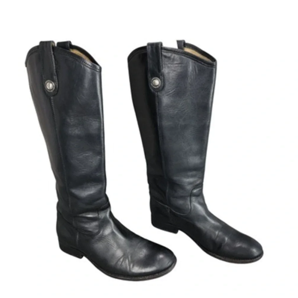 Frye Knee High Riding Boots sz 7B Women Melissa Button Black‎ Leather Equestrian